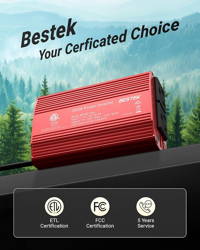 Power Inverter DC 12V to AC 110V - 300W Car Plug Adapter Outlet with 4.8A Dual USB Fast Charging Port - Car Charger Cigarette Lighter Adapter for Phone, Laptop on Road Trip - Aluminum Housing
