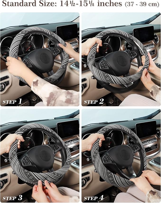 Boho Steering Wheel Cover with Baja Blanket Cloth, Ethnic Style Auto Wheel Cover Made of Coarse Flax, Fits 14 1/2-15 1/4 inches Car Wheel