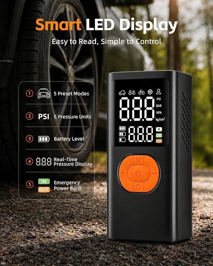 Tire Inflator Portable Air Compressor for Car Tires, 150 PSI Cordless Portable Air Compressor with Digital Pressure Gauge, Auto Shut-Off, LED Emergency Light for Roadside Emergencies