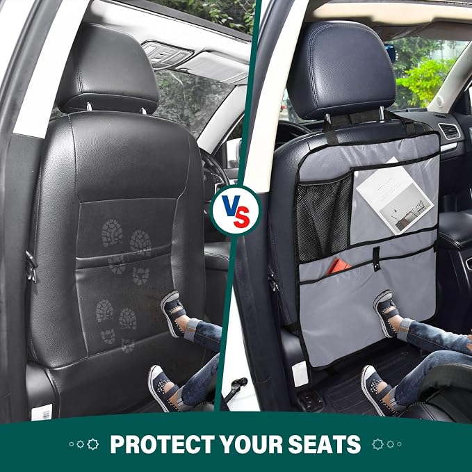 Grey Car Seat Organizer for Kids Backseat Kick Mat with Adjustable Strap Seat Back Protectors for Car Vehicle SUV 1 Pcs