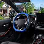 D Shaped Steering Wheel Cover for 14.5-15 inch Flat Bottom Wheels, Breathable Perforated Microfiber Leather, Anti-Slip Grip, Universal Fit for Cars & SUVs, Black and Blue