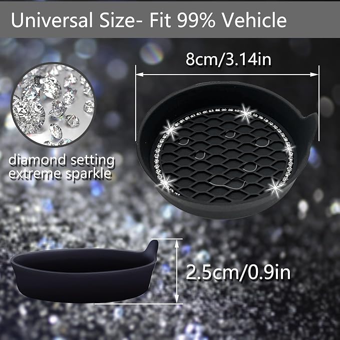 2PCS Bling Car Coasters, Non-Slip Insert Water Bottle Holder Pads, Bling Crystal Rhinestone Dustproof Automotive Interior Accessories, Universal for Vehicles, Trucks, RVs (2 pcs, Black)