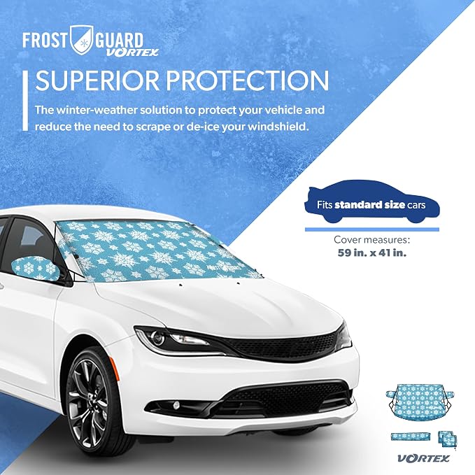 Vortex | Full-Coverage Car Windshield Cover for Ice and Snow, Standard Size (Snowy Lace) - Wiper Blade + Side Mirror Covers - Fit-Fast Straps, Security Panels + Storage Pouch - 59x41 Inches