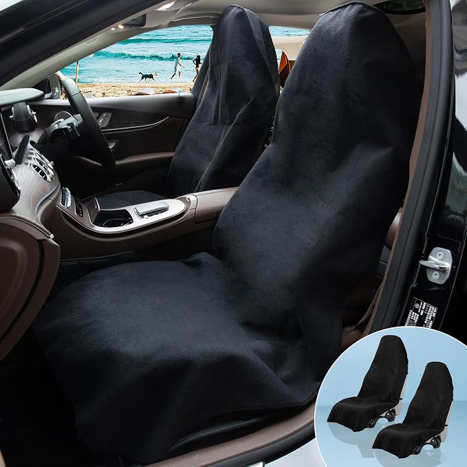 2PCS Terry Cloth seat Cover Universal Waterproof Car Sport Towel Seat Cushion Non-Slip Sweat-Absorbent Towel Cloth Suitable for Gym Workout, Universal Fit for Car SUV Van-Black
