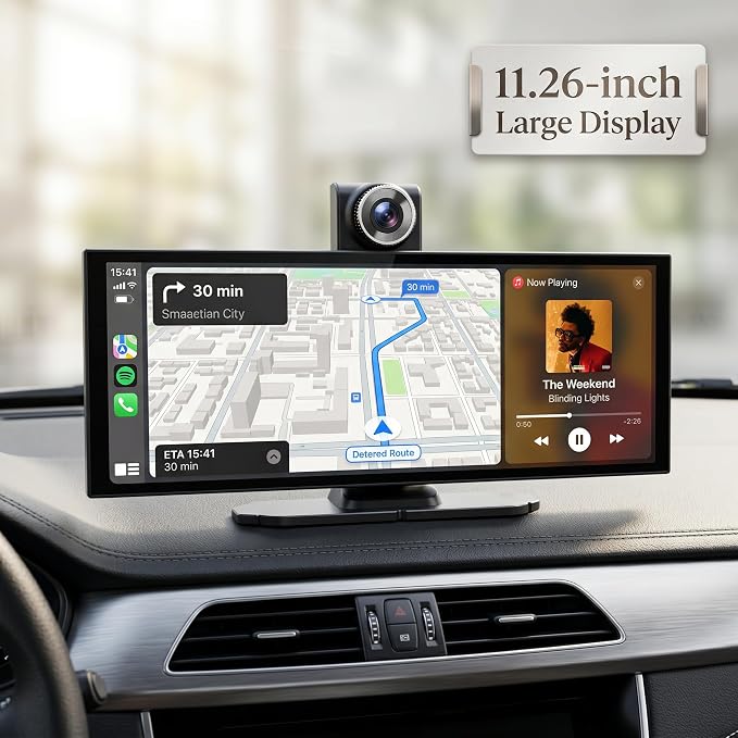 11.26" Carplay Screen for Car,4K Dash Cam,Portable Tablet for Apple Android Auto,Stereo Audio Radio,Rear Backup Camera,Voice Touch Control GPS Navigation,Bluetooth,Wireless Mirror for Truck