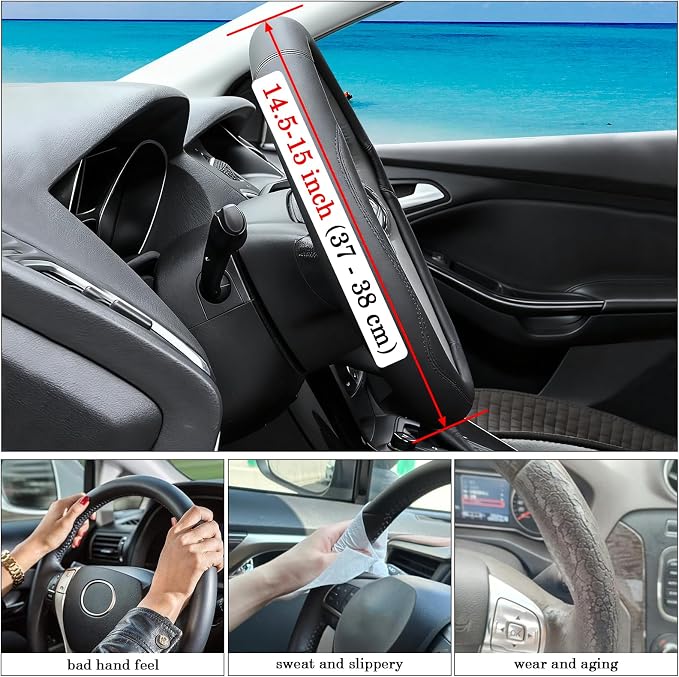 Beige Car Steering Wheel Cover, Nappa Leather, Bottom Color Blocking, Universal 14.5-15 Inch Leather Anti-Slip Breathable Auto Steering Wheel Covers for Men Women