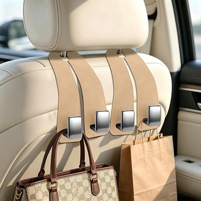 Car Headrest Hooks, Premium Suede with Metal Car Seat Back Storage Hooks for Handbag Coats Umbrella Backpack - 4 Pack, Beige