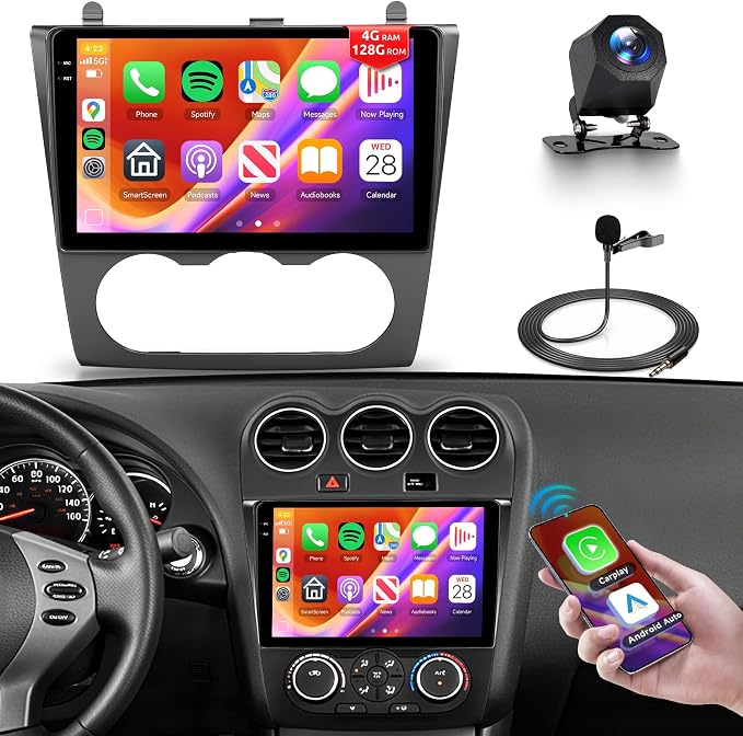 Android Car Radio for Nissan Altima 2008-2012 with Wireless CarPlay Android Auto, 4G+128G 9 Inch Touchscreen Car Stereo Mirror Link GPS Navigation WiFi Bluetooth FM RDS EQ SWC Backup Camera