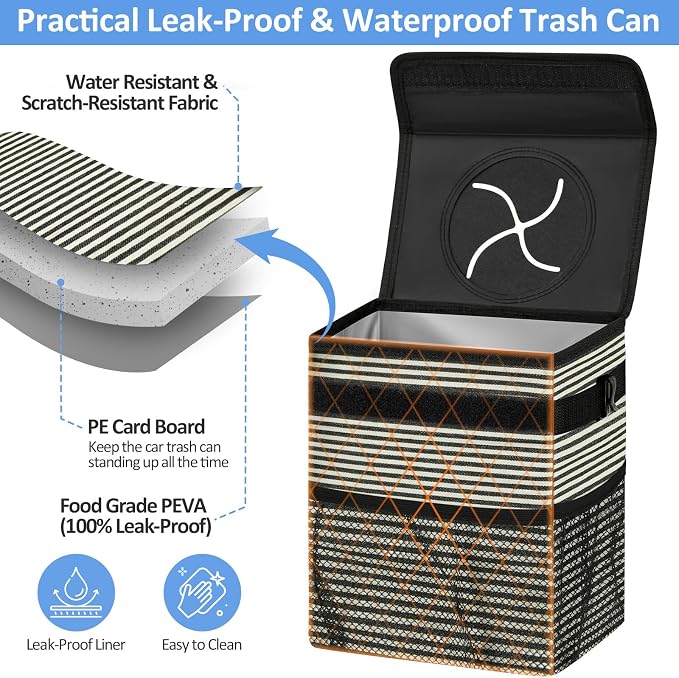 Car Trash Can Bin for Back Seat Leak Proof, Cute Car Trash Bag Hanging, Vehicle Trash Can for SUV Truck Van, Automotive Garbage Cans Front Seat Stripe