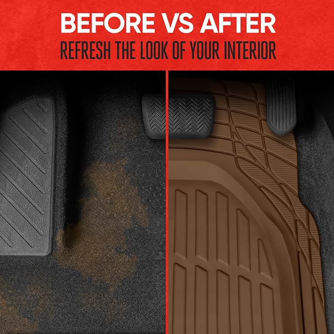 FlexTough Deep Dish All-Weather Floor Mats, Waterproof Trim-To Fit Mats for Cars, Trucks, SUVs - Universal Automotive Floor Liners, Car Accessories, Brown