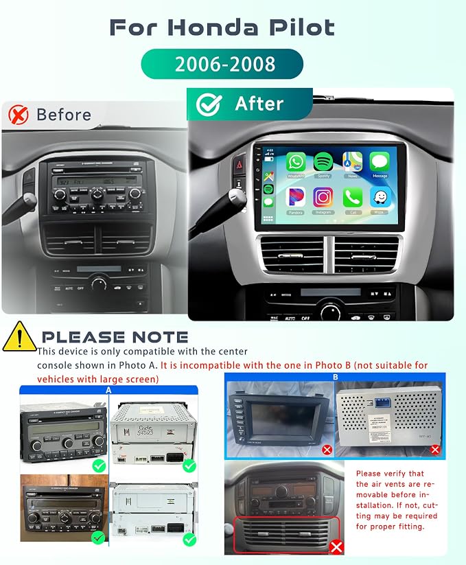 4G+64G Car Radio Stereo for Honda Pilot 2006 2007 2008 with Wireless CarPlay Android Auto, 9 Inch 1280 * 720P IPS Touch Screen Android 13 GPS WiFi Bluetooth 32-Band DSP SWC HD Camera