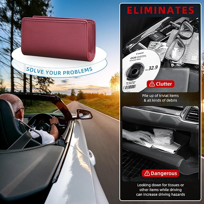Car Trash Can, Universal Leather Cars Garbage Bin Organizer Holder with A Roll of Garbage Bag, Foldable Hanging Mini Automotive Storage Must Have Essentials Interior Accessories (Wine Red)