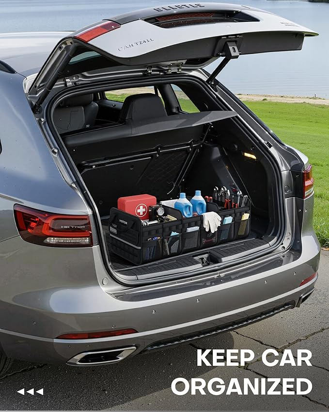 Tactical Car Trunk Organizer - Foldable Trunk Organizer for SUV with Front MOLLE Pocket & Reflective Strips, Essential Car Accessories for Tools & Outdoor Storage, 11.6" x 31.9" x 11.0", Black