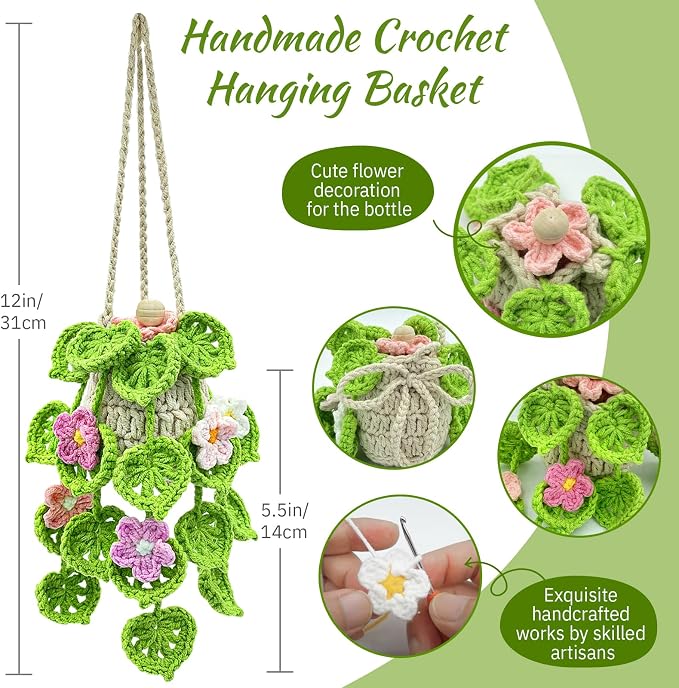 Crochet Car Air Freshener, 15ml Empty Refillable Oil Diffuser Bottle with Hanging Crochet Flowers Plant for Car Rearview Mirror Decor Air Freshener Diffuser for Home, and Office Decor(Flowers)