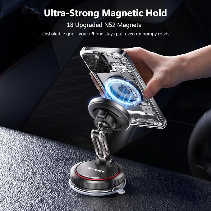for MagSafe Car Mount [2-Axis Design] Nano Adhesive Gel + Suction Cup Magnetic Phone Holder for Dashboard & Windshield, 360° Adjustable for iPhone 17 16 15 14 13 12 11, Samsung, Matte Black