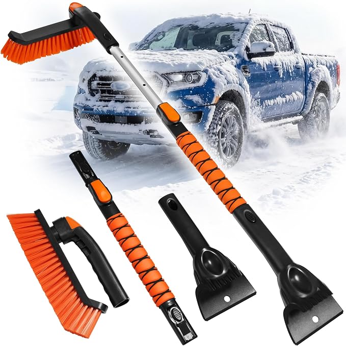 2-in-1 Upgrade 44" Extendable & Removable Snow Brush with Ice Scraper for Car Windshield, 360° Pivoting Brush Head, EVA Foam Grip for SUV, Trucks, Auto