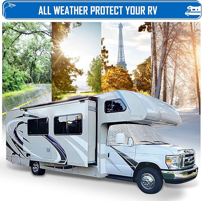 RV Windshield Cover Compatible with Ford E450 Class C 1997-2025 RV Front Window 4 Layers Class C Motorhome Cover 27 Foot Temperature Control Sunshade/Snow Cover Upgraded Strong Magnet