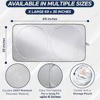 Truck Windshield Sun Shade with Storage Pouch | Reflective 240T Material Sun Shield for UV & Heat Protection | Foldable Windshield Cover | Must-Have Truck Accessories | X-Large (69"x35")