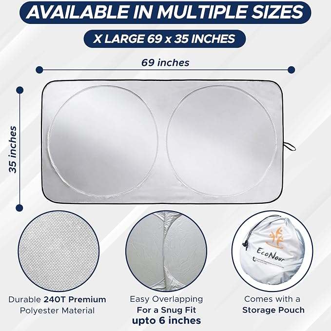 Truck Windshield Sun Shade with Storage Pouch | Reflective 240T Material Sun Shield for UV & Heat Protection | Foldable Windshield Cover | Must-Have Truck Accessories | X-Large (69"x35")
