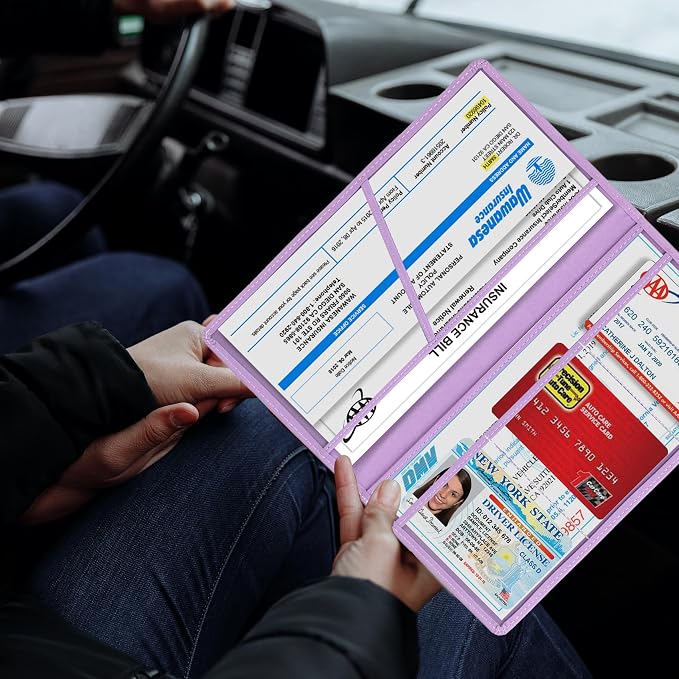 Car Registration and Insurance Card Holder, Vehicle License Document Glove Box Compartment Organizer, Interior Car Accessories for Women Men (Purple)