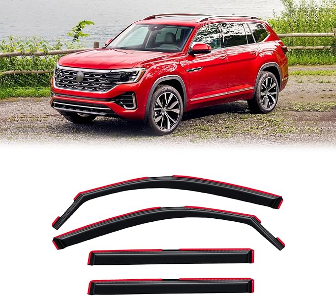 in-Channel Rain Guards for Volkswagen (VW) Atlas 2018-2026, Window Visor Shields Vent Deflector Shade Wind Dark Smoke 2019 2020 2021 2022 2023 2024 2025 18 19 20 21 22 23, Tape-On Inside-Mount, 4PCS