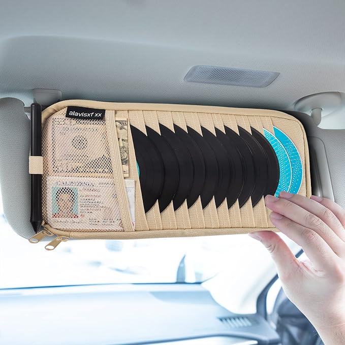 Car CD Visor Holder, 12 Sleeves Organizer with Mesh Pocket | Durable Oxford Cloth, Holds 12 CDs/DVDs, 1 Pen Holder, 1 Back Inner Pocket, Disc Storage Organizer, Fits Most Vehicle Visors