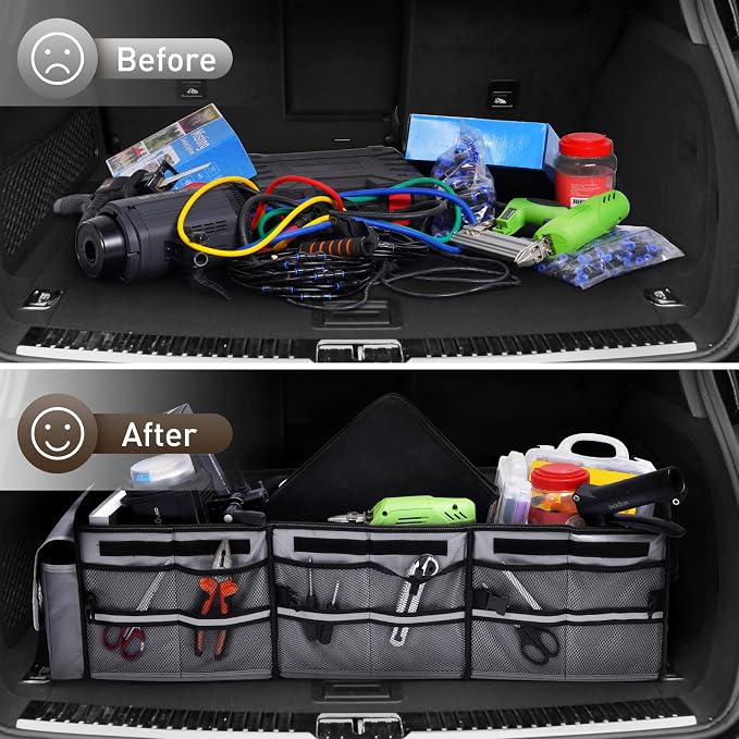 4 in 1 Car Trunk Storage Organizer with Leakproof Cooler Bag, Multi-Compartment Foldable Trunk Storage Box for Car Truck SUV Gray