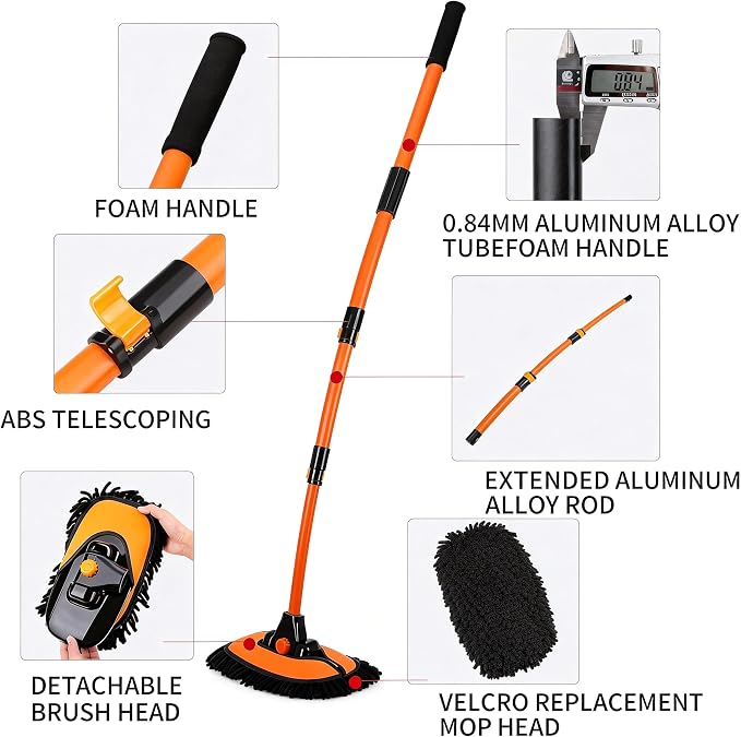 57'' Car Wash Brush with Long Handle Chenille Microfiber Car Wash Kit Mitt Retractable Bent Pole Car Wash Mop for Cars RV Truck Boat (Orange-2)