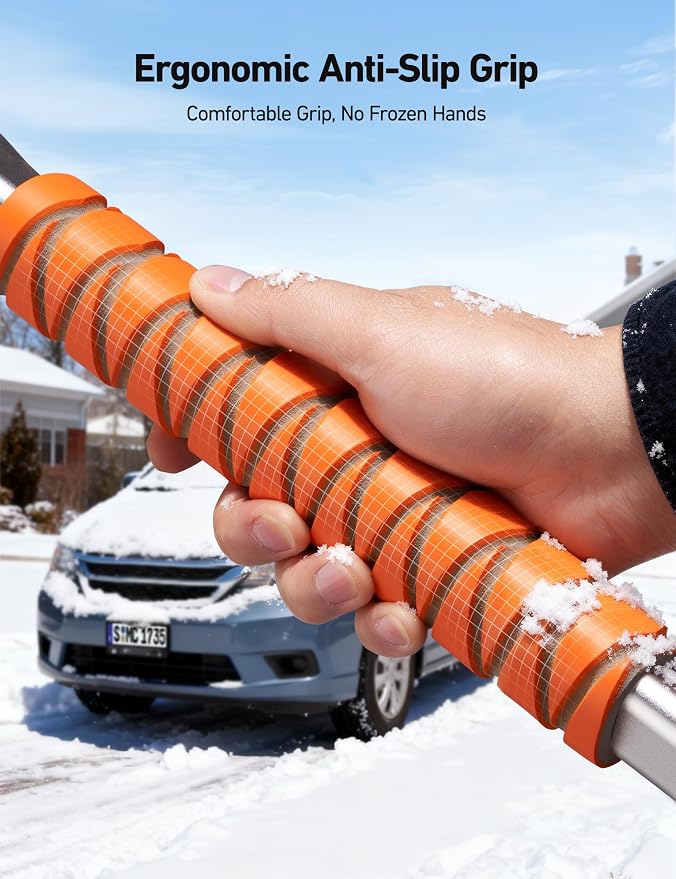 47.2" Ice Scrapers for Car Windshield, 3 in 1 Sturdy Snow Brush with Squeegee, 10 Adjustable Length Settings, Extendable Aluminum Handle, 180° Pivoting Snow Scraper for Car, Truck, SUV(Orange)