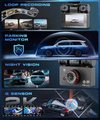4 Channel 360° Dash Cam, 2K Front 1080P Rear Left Right, 3" IPS Screen, 5G WiFi APP Control, 8 IR Night Vision, G-Sensor, Loop Recording, 24/7 Parking Monitoring for Cars, Trucks, SUVs