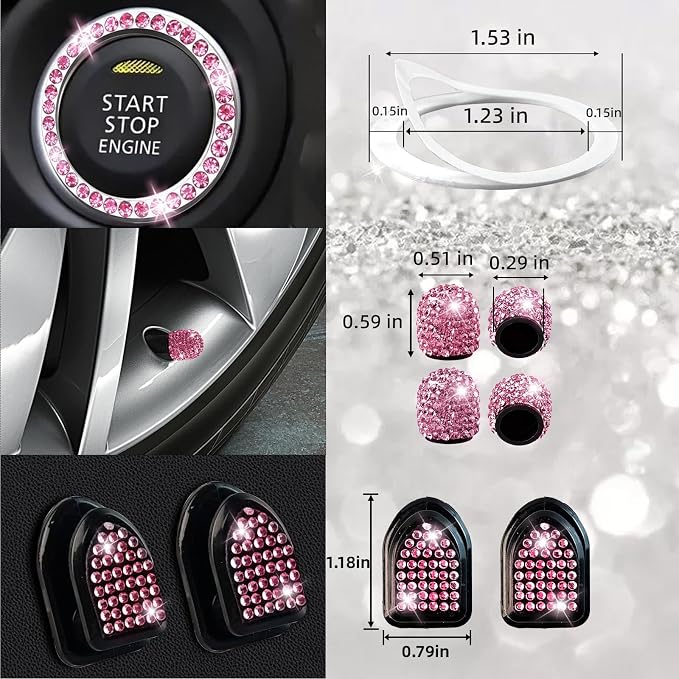 27-Piece Bling Car Accessories Set - Universal Fit Steering Wheel Covers, License Plate Frames, Phone Holder, Car Fast Charger, Coasters (Pink)