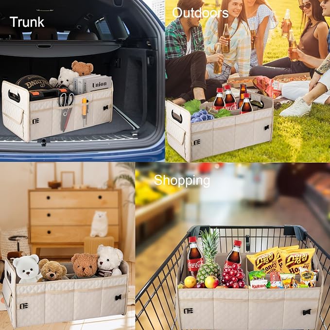 Car Trunk Organizer for SUV, Car Storage Organizer Collapsible Multi Compartment Container Box, Adjustable Car Accessories for Women/Men, Large Beige