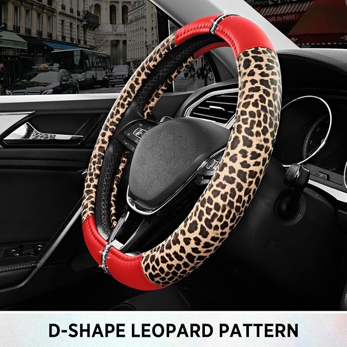 Leopard Steering Wheel Cover for Women, Cute Anti-Slip Microfiber Leather, Fits D Shape Flat Bottom Steering Wheel 14.5-15 Inch - Red