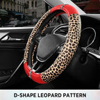 Leopard Steering Wheel Cover for Women, Cute Anti-Slip Microfiber Leather, Fits D Shape Flat Bottom Steering Wheel 14.5-15 Inch - Red