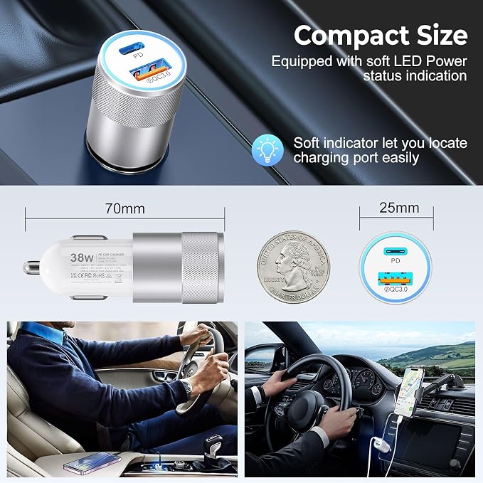 Car Charger USB C 6-Pack, 38W Dual Port Cigarette Lighter with PD3.0 + QC3.0 Type C Car Charger Adapter iPhone 16/15 Pro Max/Samsung Galaxy S24/S23/S22Plus/Ultra/,iPad Pro(White)