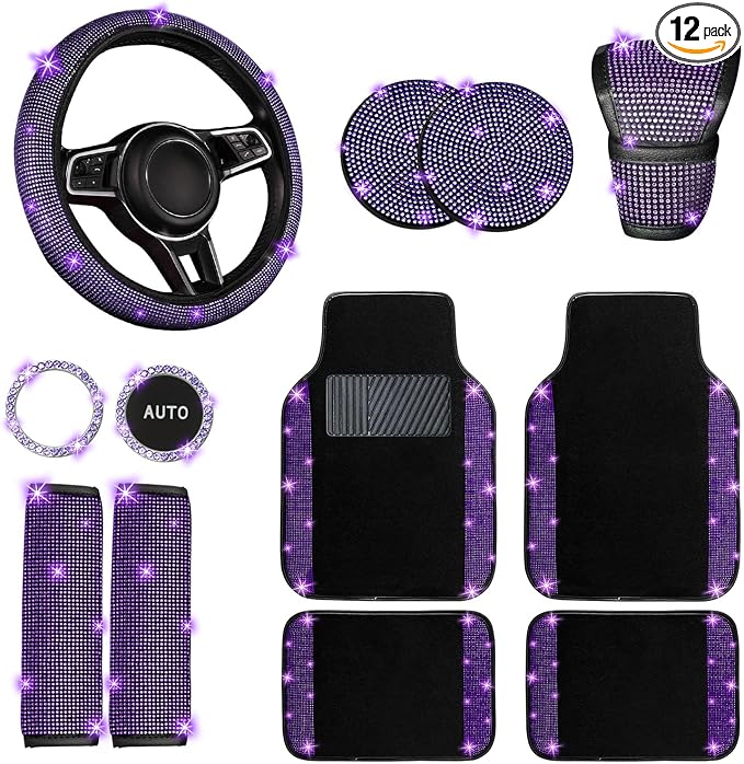 12 Pcs Bling Car Accessories Set for Women Car Floor Mats Full Set Steering Wheel Cover Seat Belt Covers Coasters Universal Fit Car SUV Truck Van Purple