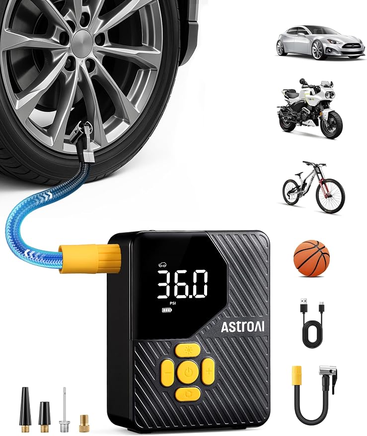 150 PSI Tire Inflator Portable Air Compressor, Fast Inflation Cordless Air Pump with LED Light &Pressure Gauge, Auto Shut-Off, L7 Mini Tire Inflator for Cars, Motorcycle, Bicycle, Ball, Yellow