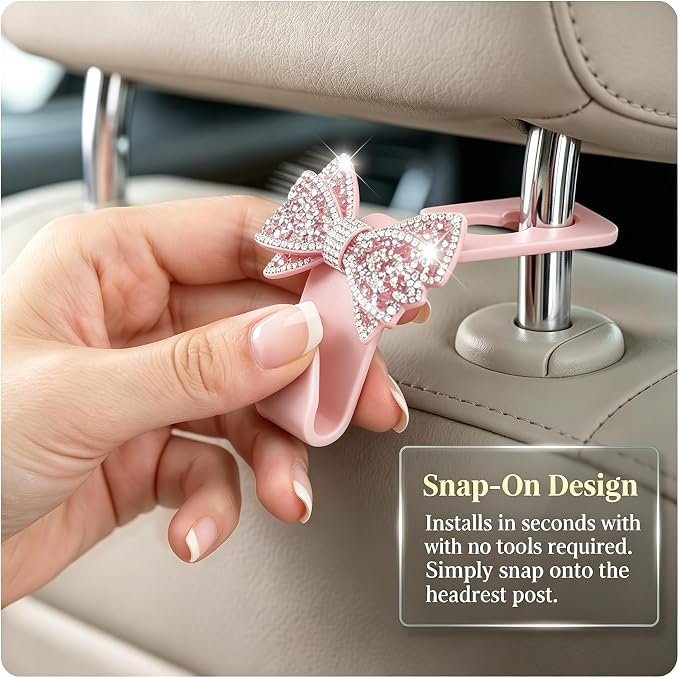 2PCS Bling Bow Car Seat Headrest Hooks, S Type Crystal Rhinestone Bowknot Auto Seat Back Storage Hooks, Diamond Cute Bow Vehicle Storage Organizer, Universal for Purses Bags Groceries(Pink)