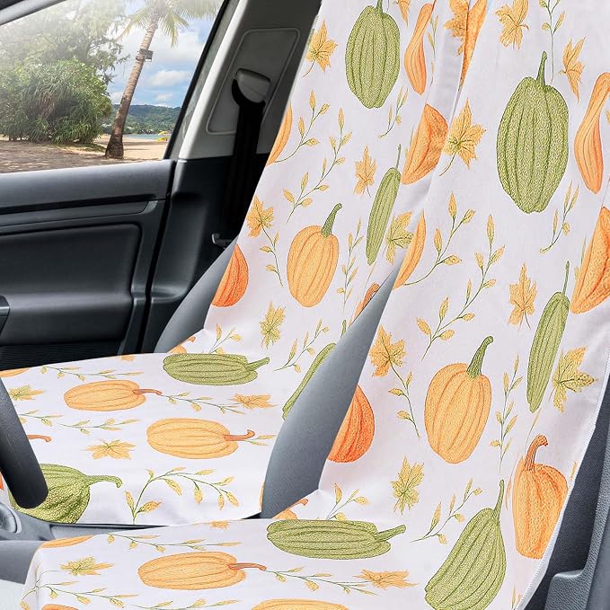 2 Pack Car Seat Towel Covers with Storage Bag, 63 x 32 Inch Universal Non Slip Waterproof Sweat Protector for Car Truck, Gym Swimming Running, Machine Washable (Yellow Pumpkin,Green Pumpkin)