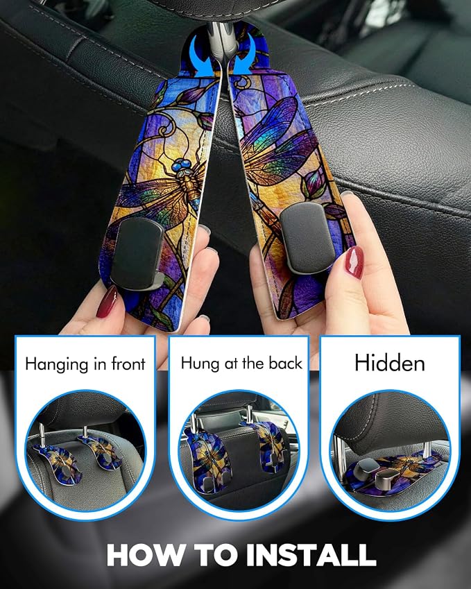Purse Holder for Car, 2 Pack Heavy Duty Purse Hanger for Car, PU Leather Car Seat Hooks for Purses and Bags, Cute Dragonfly Headrest Organizer for Handbags & Backpacks