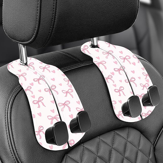 Purse Holder for Car, 2 Pack Heavy Duty Purse Hanger for Car, PU Leather Car Seat Hooks for Purses and Bags, Cute Pink Bow Headrest Organizer for Handbags & Backpacks