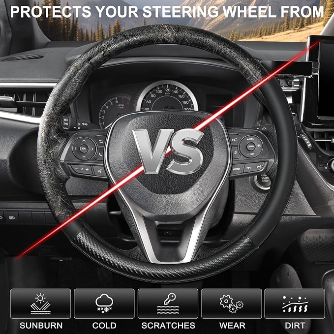 Car Steering Wheel Cover Small Size 14"-14 1/4" Black | For Model 3 Model Y Prius Civic Camaro Rogue, Non-Folding Packaging, Heavy duty, Microfiber Leather Carbon Fiber Pattern