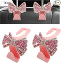 2PCS Bling Bow Car Seat Headrest Hooks, S-Type Crystal Auto Rear Seat Organizer for Handbags Purses Groceries, Cute Rhinestone Bow Seats Back Storage Hook for SUV Truck Sedan (Pink)
