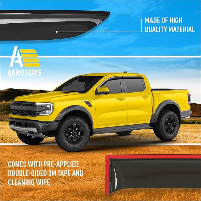 Extra Durable Window Deflectors Tape-On Window Visors Rain Guards Fit for Ford Ranger 2024-2026 SuperCrew, Sun Visors, Wind Vent for Shades, Exterior Car Accessories - 4pcs. AG0745