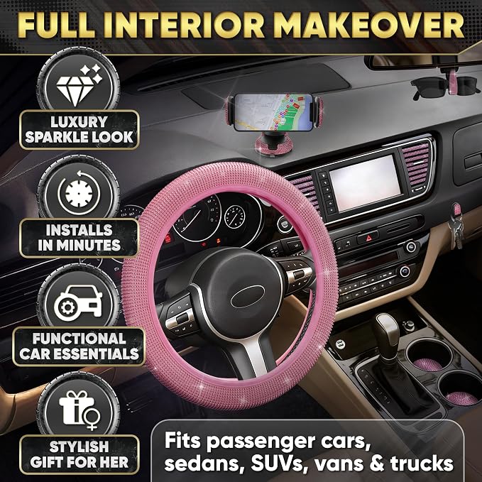 Pink Car Accessories Set, 27 Pieces – Bling Car Accessories for Interior Styling with Rhinestone Details for Daily Use, Universal Fit Kit for Steering Wheel, Vents, Mirror Area, Great Gift for Women