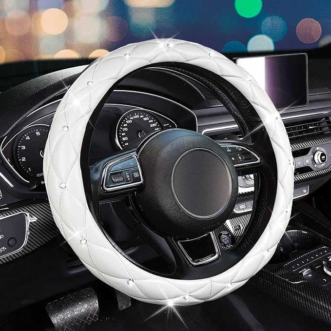 Steering Wheel Cover, Auto Cute PU Diamond Bling Breathable Soft Comfort Leather Car Interior Accessories Sparkly Fit Most O-Shaped Steering Wheels for Women Men (White)