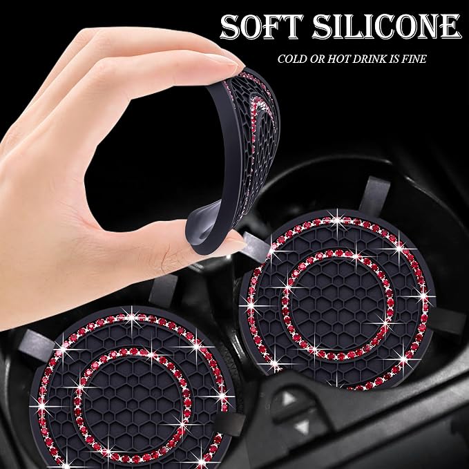 4PCS Bling Crystal Rhinestone Cup Holder Coaster, 2.75 inch Soft Silicone Anti-Slip Shockproof, Car Cup Holder Insert Coasters, Universal Car Interior Accessories for Women (Black & Red)