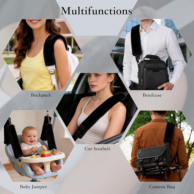 Soft Faux Fur Universal Fit Seatbelt Cover Car Truck SUV Airplane Seat Belt Shoulder Pad for Carmera Backpack Straps Neck Cushion Protector Extra Long 25.6in Black