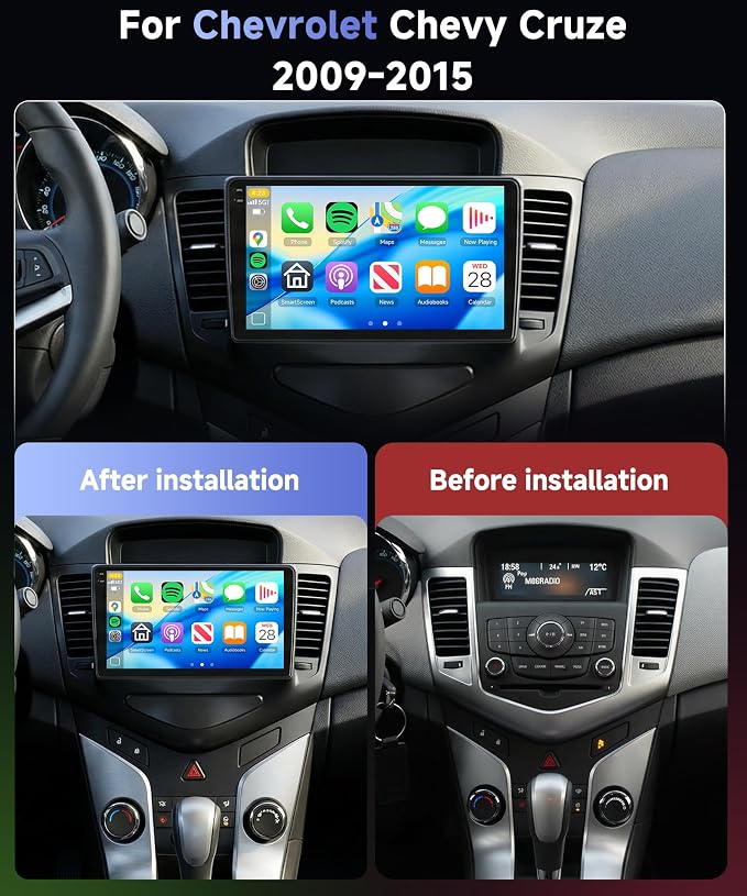4Core 4G+64G Android Car Radio Stereo for Chevrolet Chevy Cruze 2009-2015, Wireless Carplay Android Auto, 5GWiFi+GPS, 9" Incell Touch Screen, Mirror Link, Backup Camera, Bluetooth, FM/RDS/EQ/USB/SWC