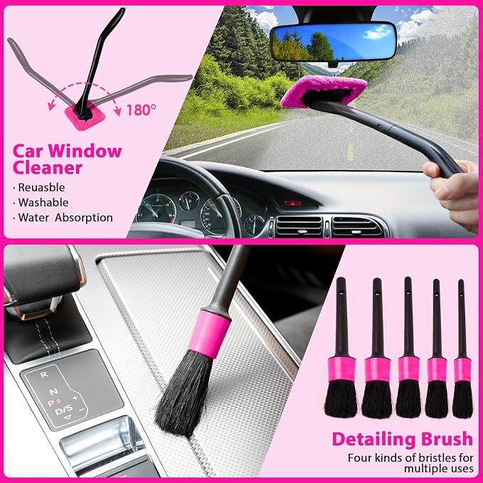 Car Detailing Kit Interior Cleaner, Car Cleaning Kit with 8000PA Cordless Pink Handheld Vacuum Cleaner, Car Interior Detailing Brush Set, Pink Car Accessories, Gift for Women